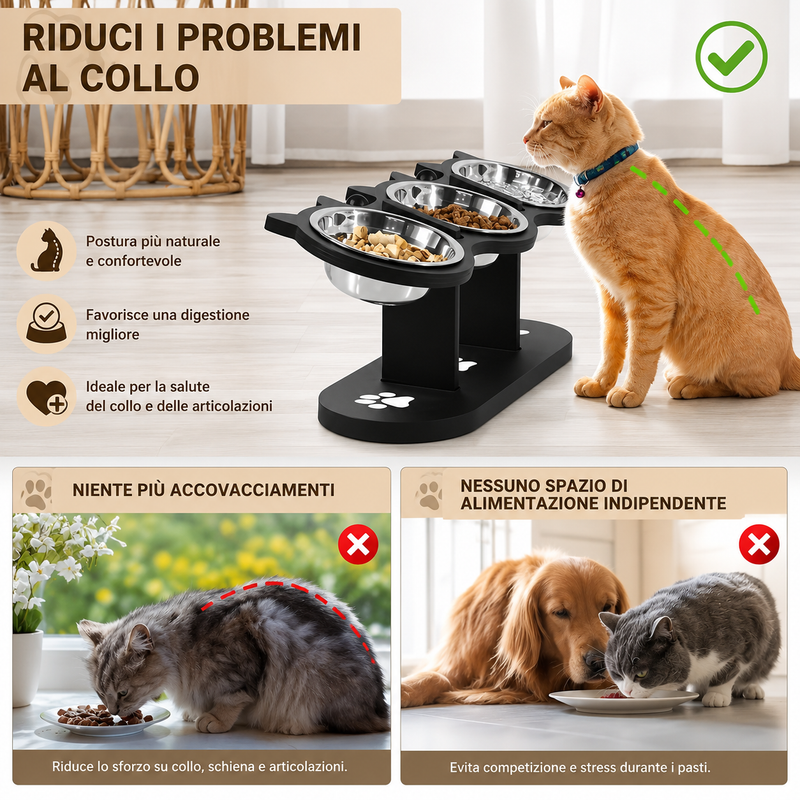 Ciotola Rialzata Gatto Supporto Legno
